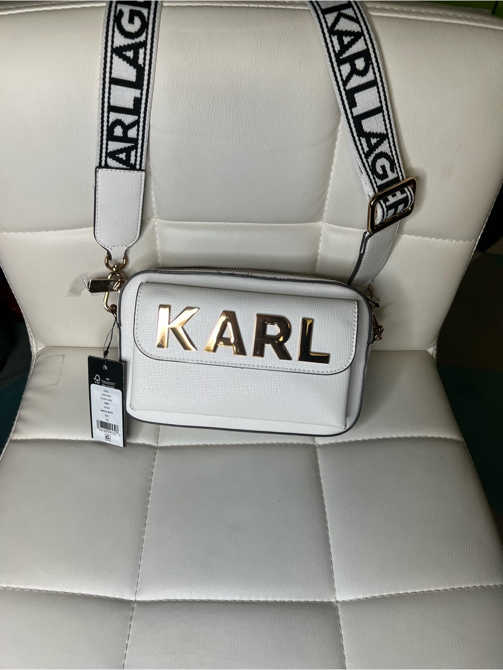 Karl Lagerfeld White Crossbody with Gold KARL Logo and Branded Strap